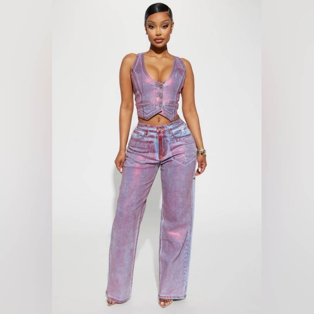 Stylish Red Foil Denim Vest and Pants Set